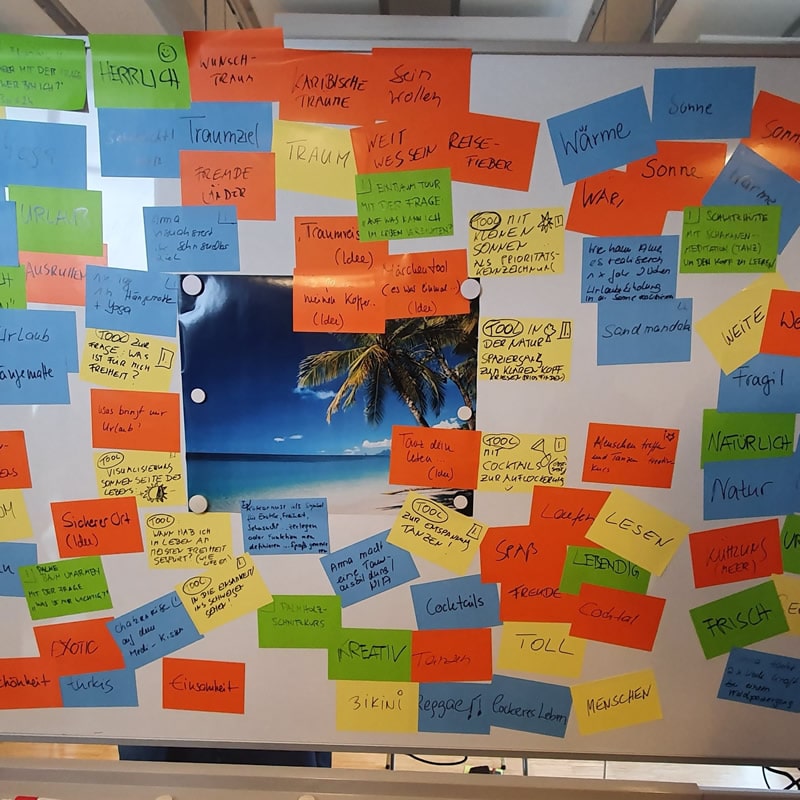 Viele Zettel mit Zielen an einem Whiteboard.